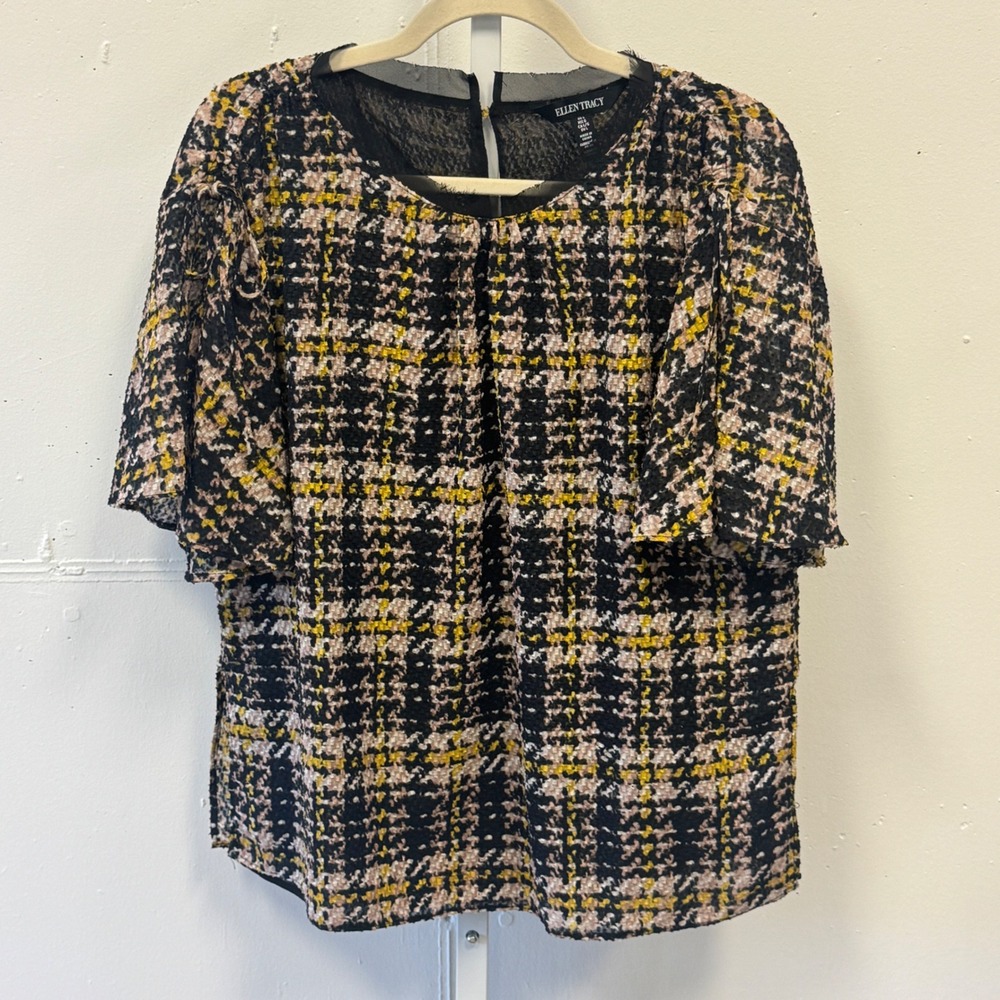 Ellen Tracy Plaid Burnout Blouse Yellow Black Short Sleeve Ties Top Large Casual